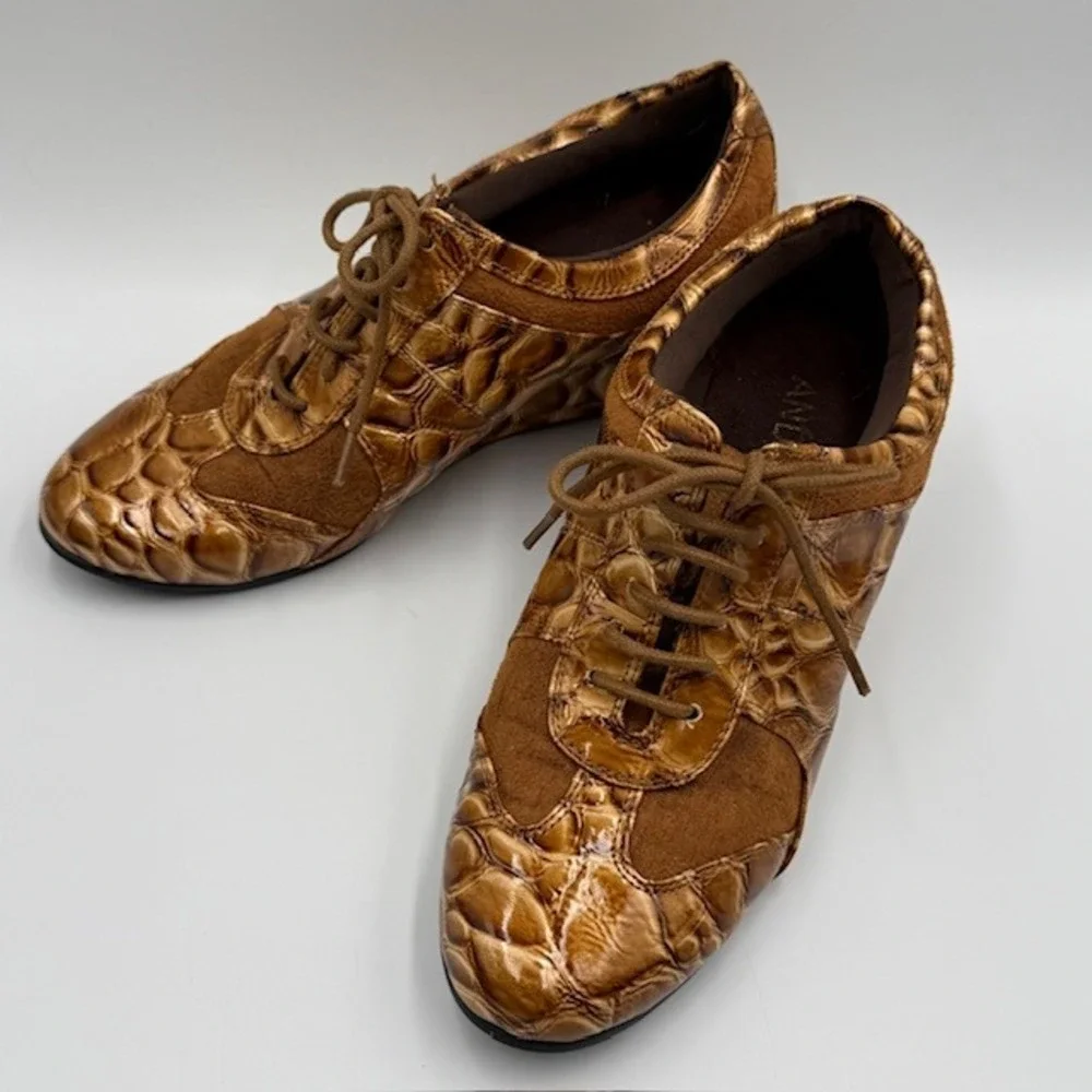 Andiamo Womens Brown Crocodile Embossed Lace Up Wedge Oxford‎ Shoes Size 8.5M